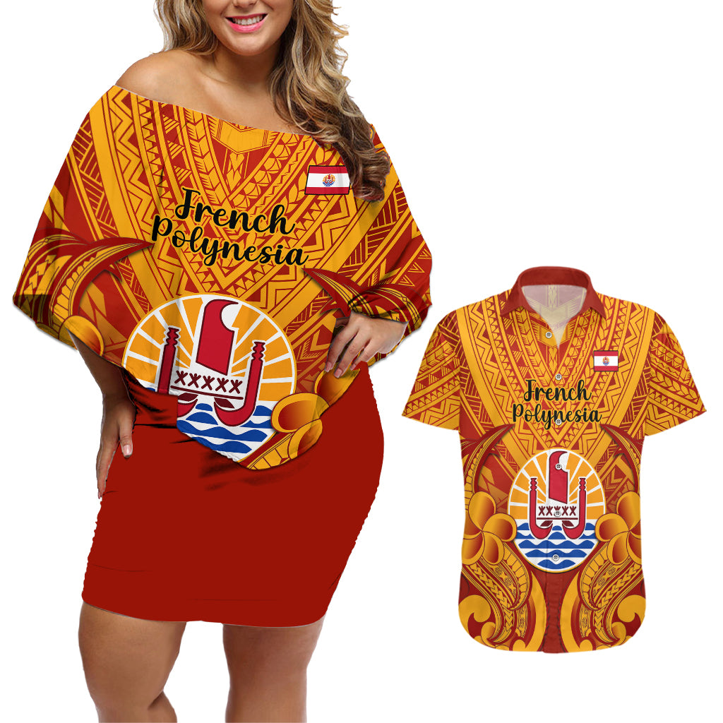 Personalised French Polynesia Couples Matching Off Shoulder Short Dress and Hawaiian Shirt Coat Of Arms With Polynesian Plumeria LT14 Red - Polynesian Pride