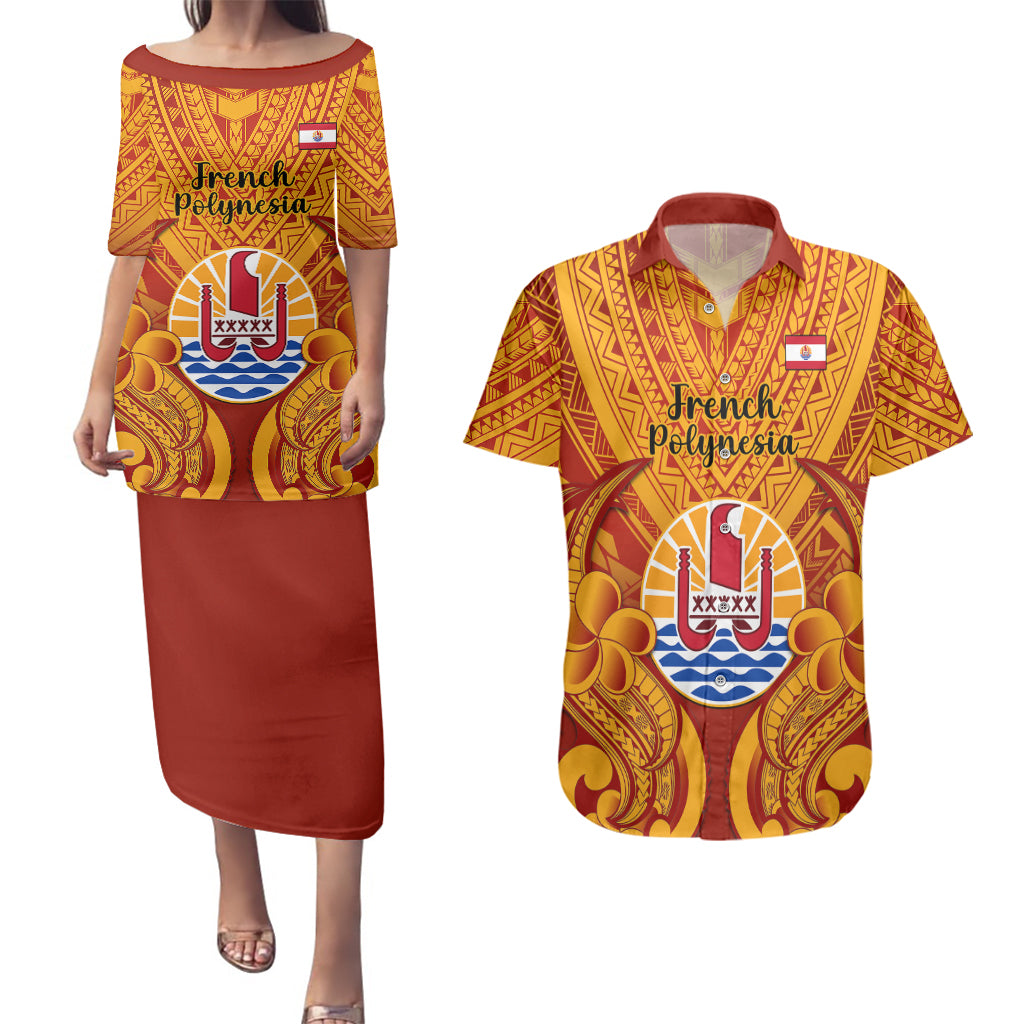 Personalised French Polynesia Couples Matching Puletasi Dress and Hawaiian Shirt Coat Of Arms With Polynesian Plumeria LT14 Red - Polynesian Pride