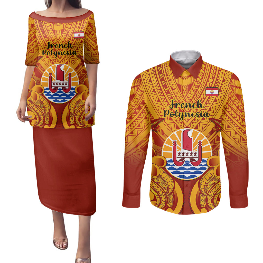 Personalised French Polynesia Couples Matching Puletasi Dress and Long Sleeve Button Shirts Coat Of Arms With Polynesian Plumeria LT14 Red - Polynesian Pride