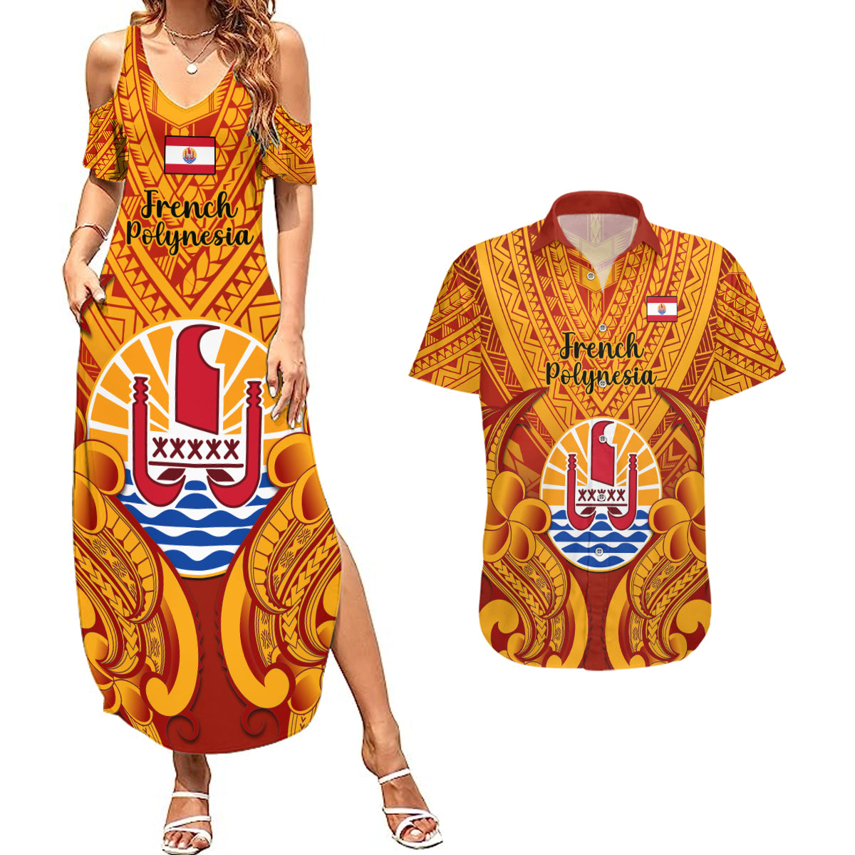 Personalised French Polynesia Couples Matching Summer Maxi Dress and Hawaiian Shirt Coat Of Arms With Polynesian Plumeria LT14 Red - Polynesian Pride