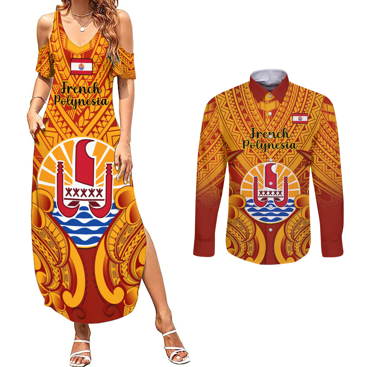 Personalised French Polynesia Couples Matching Summer Maxi Dress and Long Sleeve Button Shirts Coat Of Arms With Polynesian Plumeria LT14 Red - Polynesian Pride