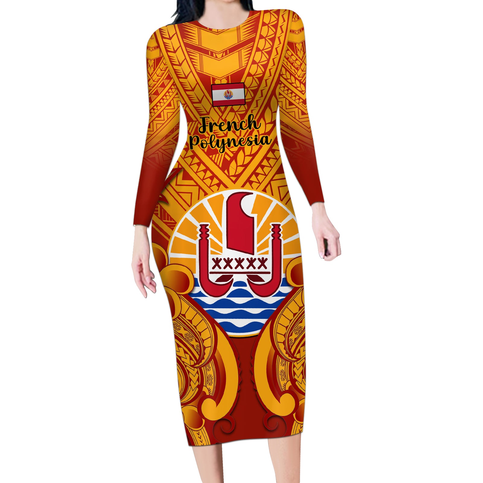 Personalised French Polynesia Long Sleeve Bodycon Dress Coat Of Arms With Polynesian Plumeria LT14 Long Dress Red - Polynesian Pride