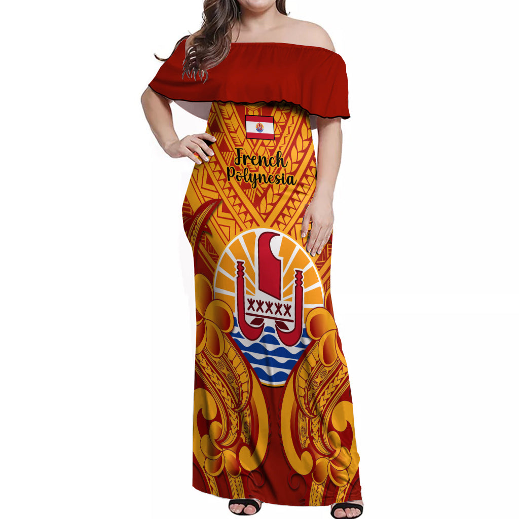 Personalised French Polynesia Off Shoulder Maxi Dress Coat Of Arms With Polynesian Plumeria LT14 Women Red - Polynesian Pride