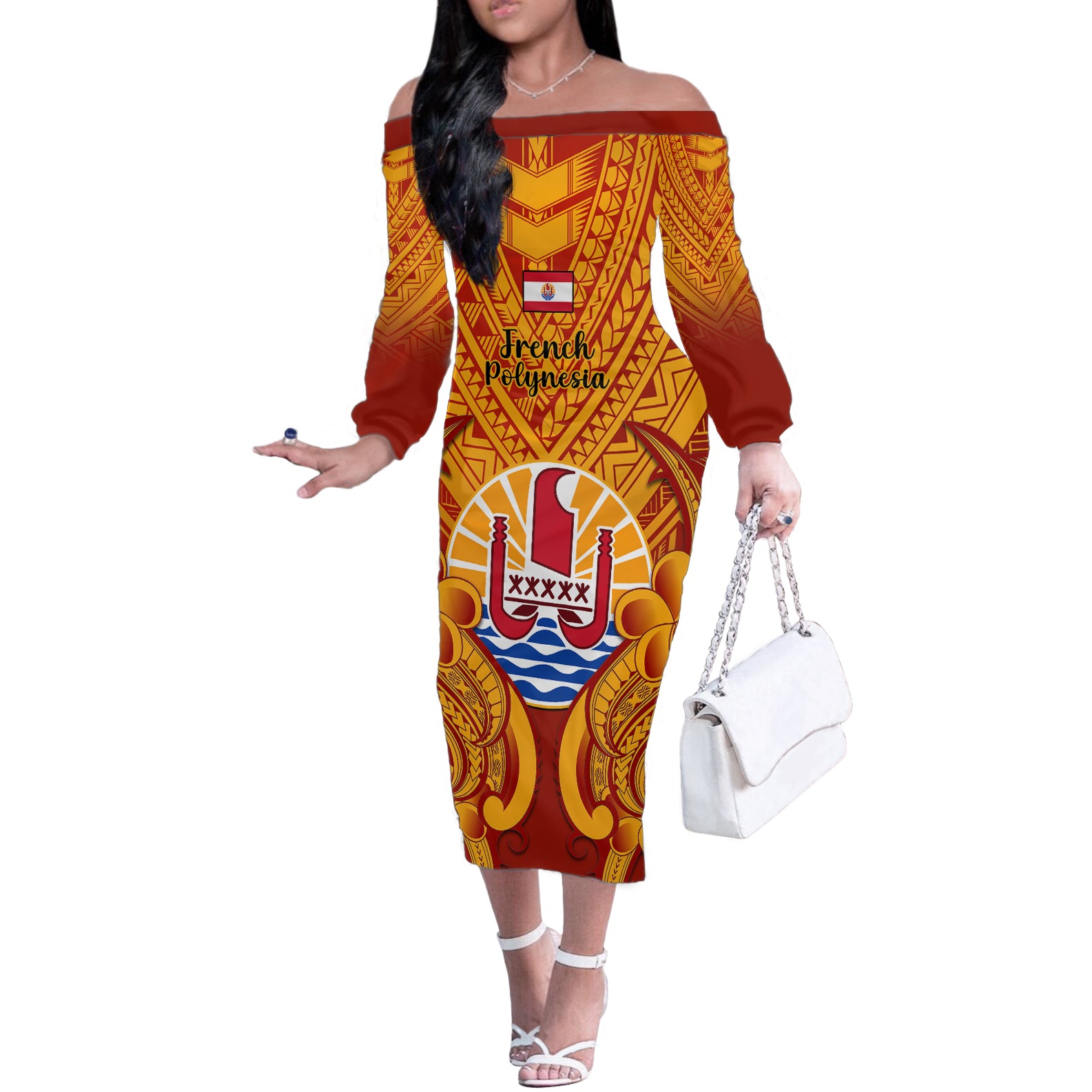 Personalised French Polynesia Off The Shoulder Long Sleeve Dress Coat Of Arms With Polynesian Plumeria LT14 Women Red - Polynesian Pride