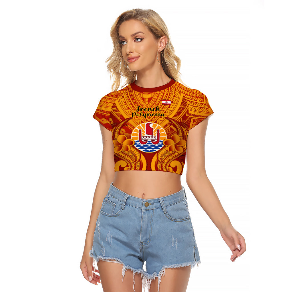 Personalised French Polynesia Raglan Cropped T Shirt Coat Of Arms With Polynesian Plumeria LT14 Female Red - Polynesian Pride