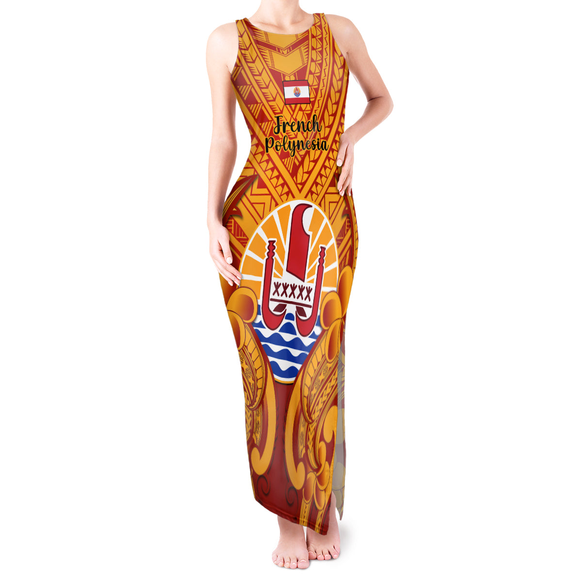 Personalised French Polynesia Tank Maxi Dress Coat Of Arms With Polynesian Plumeria LT14 Women Red - Polynesian Pride