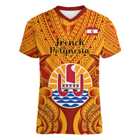 Personalised French Polynesia Women V Neck T Shirt Coat Of Arms With Polynesian Plumeria LT14 Female Red - Polynesian Pride