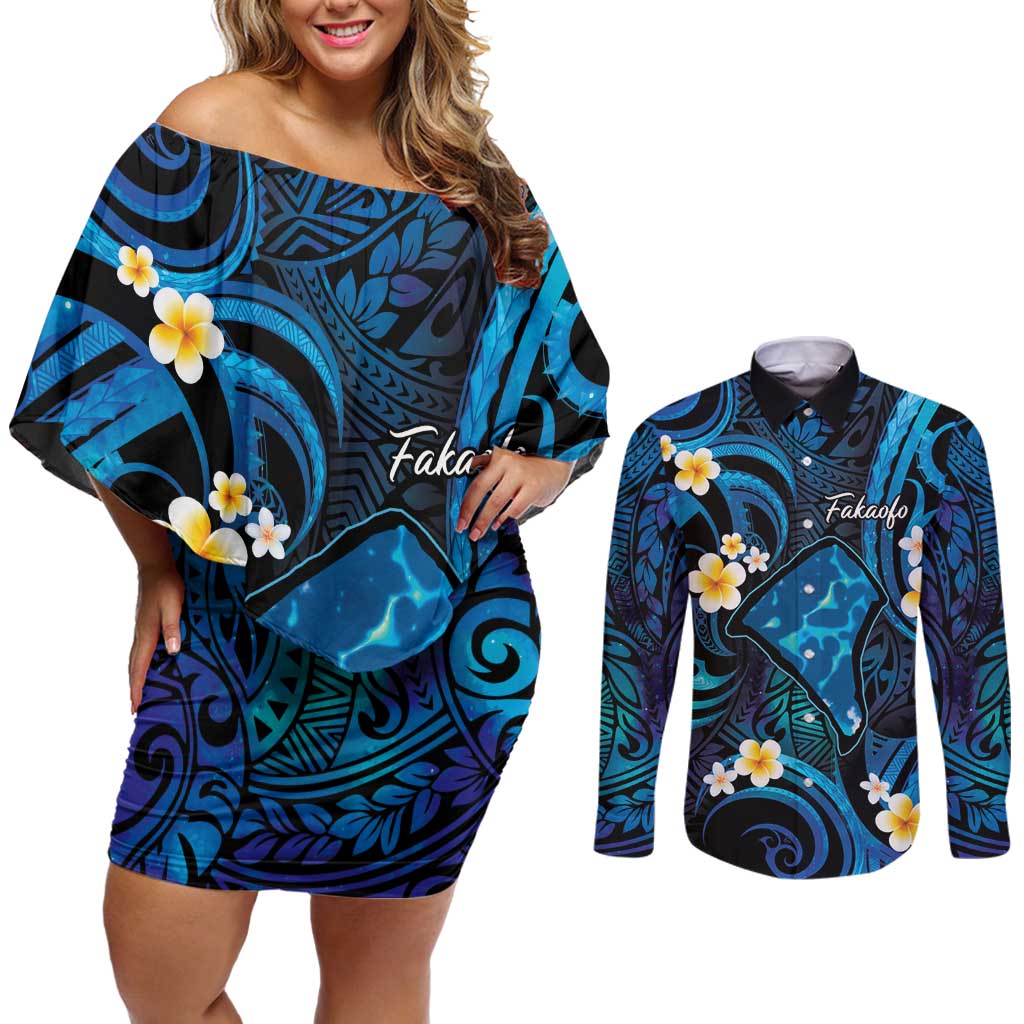 Tokelau Fakaofo Atoll Couples Matching Off Shoulder Short Dress and Long Sleeve Button Shirt Polynesian Tattoo Plumeria With Map