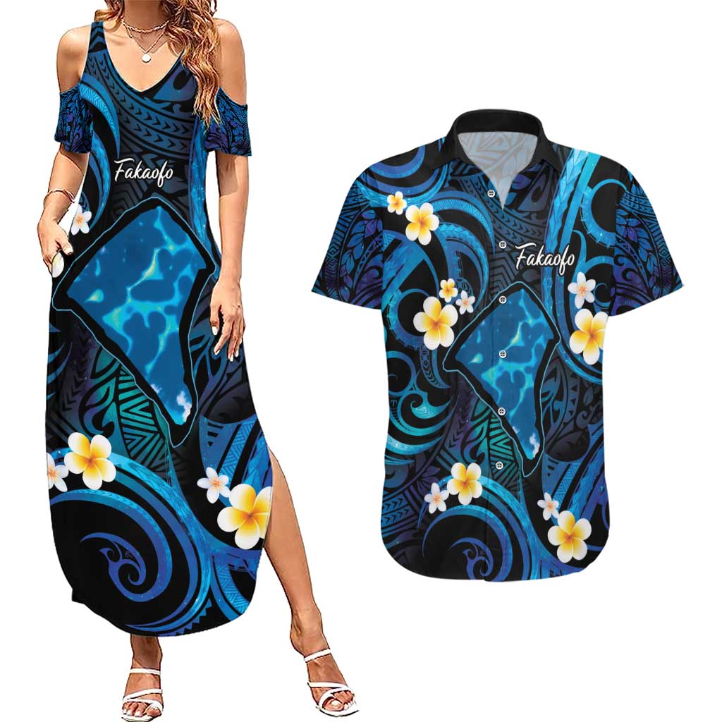 Tokelau Fakaofo Atoll Couples Matching Summer Maxi Dress and Hawaiian Shirt Polynesian Tattoo Plumeria With Map