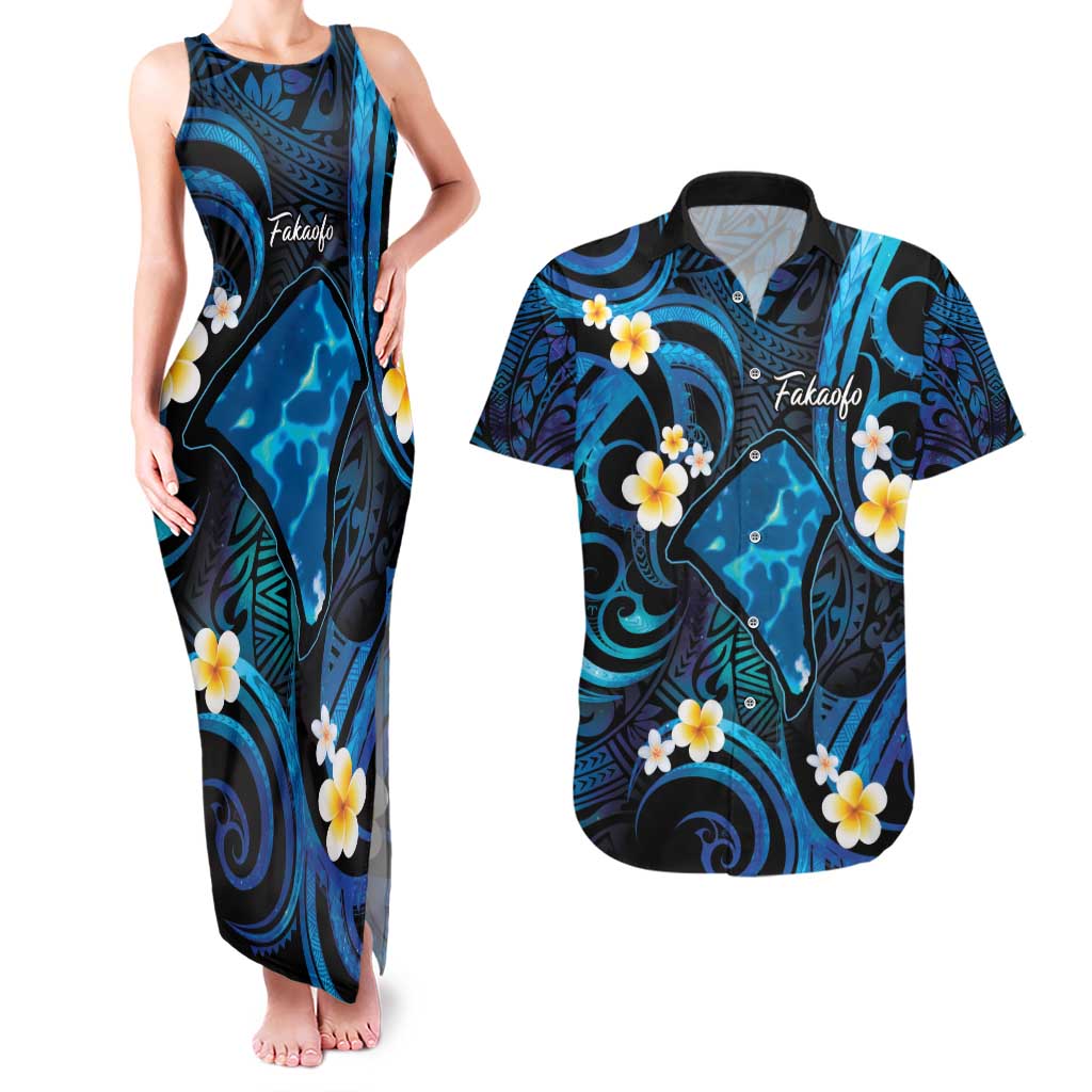 Tokelau Fakaofo Atoll Couples Matching Tank Maxi Dress and Hawaiian Shirt Polynesian Tattoo Plumeria With Map