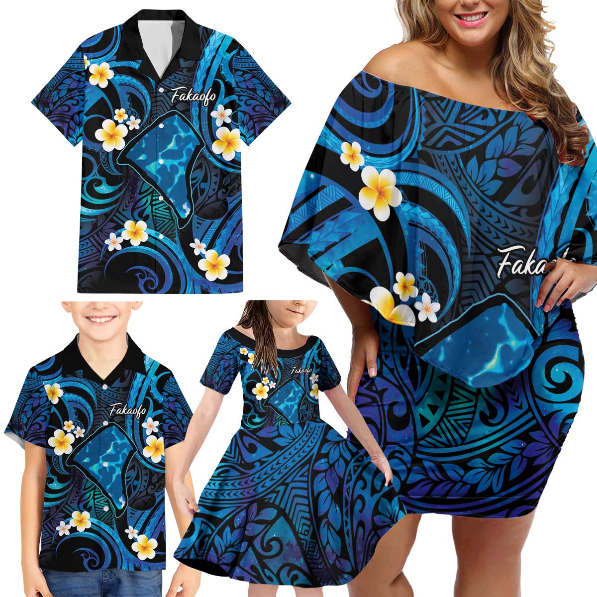 Tokelau Fakaofo Atoll Family Matching Off Shoulder Short Dress and Hawaiian Shirt Polynesian Tattoo Plumeria With Map