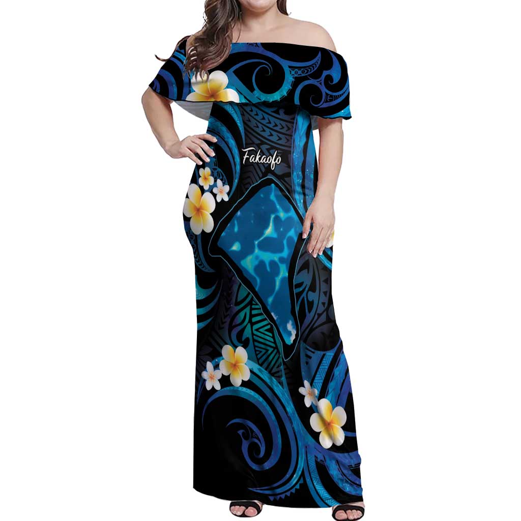 Tokelau Fakaofo Atoll Off Shoulder Maxi Dress Polynesian Tattoo Plumeria With Map