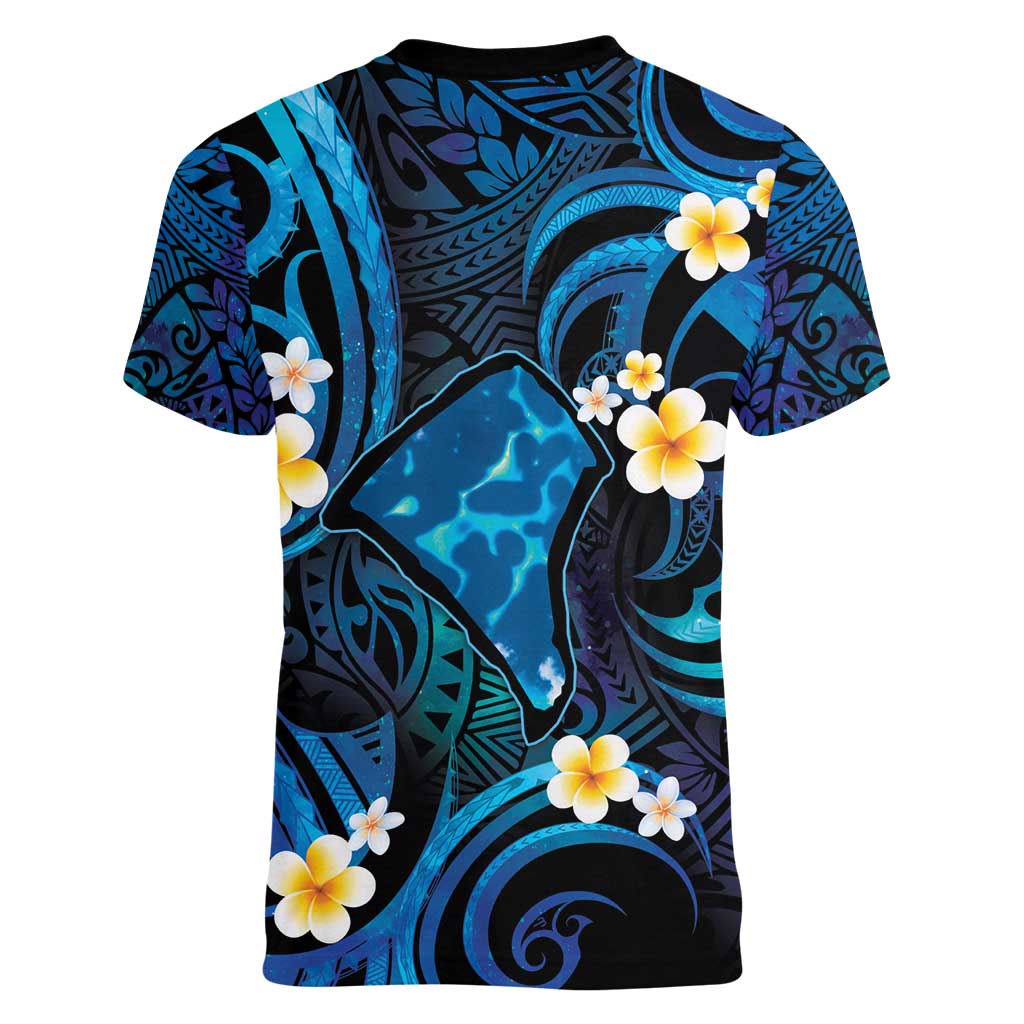 Tokelau Fakaofo Atoll Women V-Neck T-Shirt Polynesian Tattoo Plumeria With Map