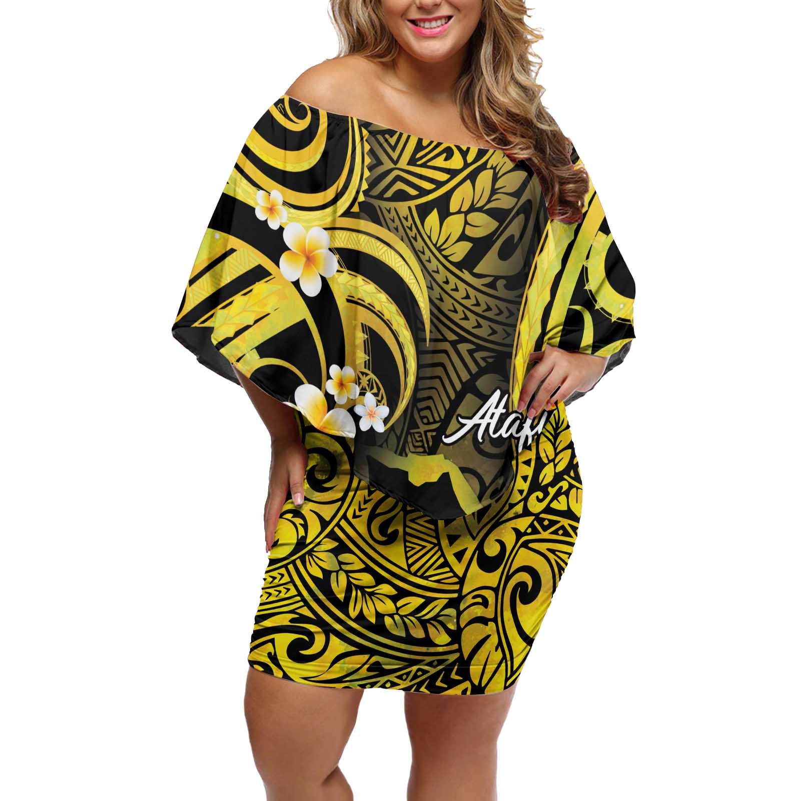 Tokelau Atafu Atoll Off Shoulder Short Dress Polynesian Tattoo Plumeria With Map