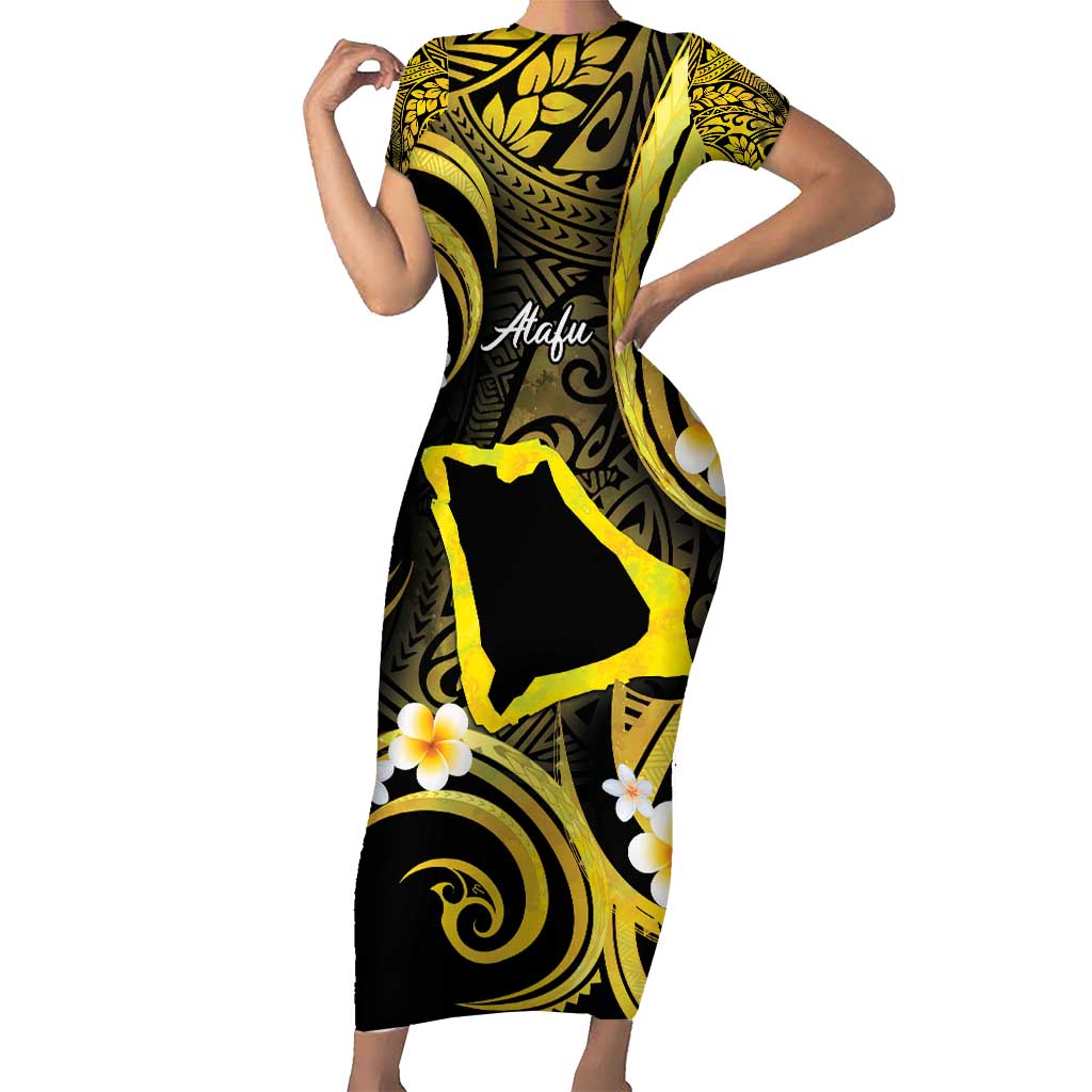 Tokelau Atafu Atoll Short Sleeve Bodycon Dress Polynesian Tattoo Plumeria With Map