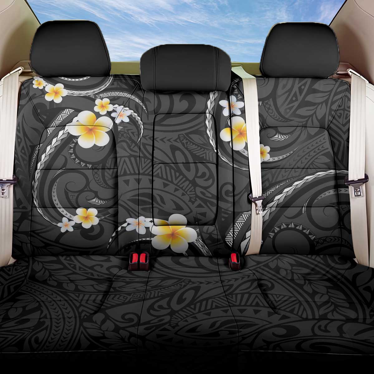 Black And Gray Back Car Seat Cover Curves Polynesian Tattoo Mix Plumeria Flowers