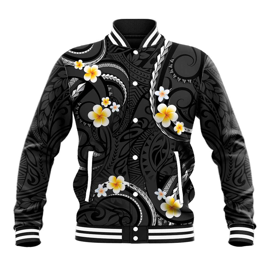 Black And Gray Baseball Jacket Curves Polynesian Tattoo Mix Plumeria Flowers LT14 Unisex Gray - Polynesian Pride