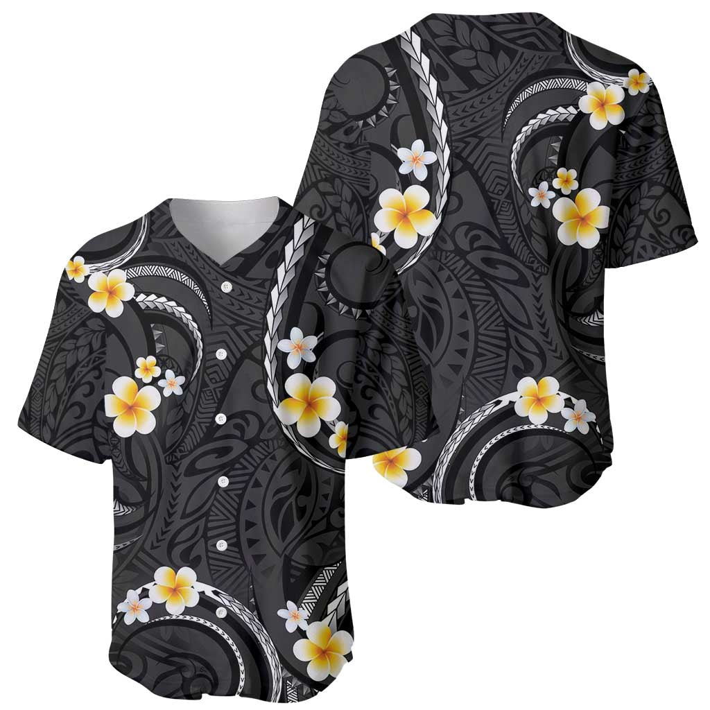Black And Gray Baseball Jersey Curves Polynesian Tattoo Mix Plumeria Flowers