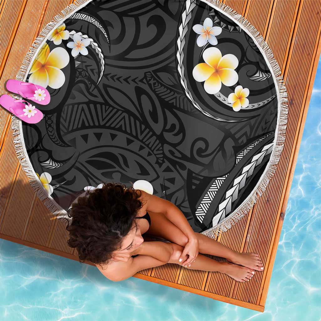 Black And Gray Beach Blanket Curves Polynesian Tattoo Mix Plumeria Flowers LT14 - Polynesian Pride