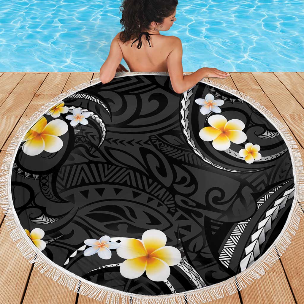 Black And Gray Beach Blanket Curves Polynesian Tattoo Mix Plumeria Flowers LT14 - Polynesian Pride