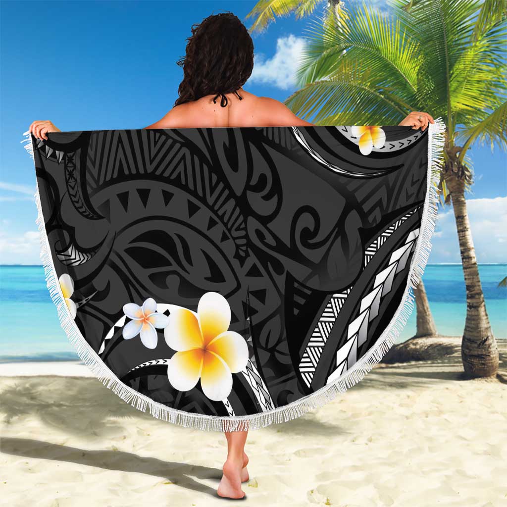 Black And Gray Beach Blanket Curves Polynesian Tattoo Mix Plumeria Flowers LT14 - Polynesian Pride