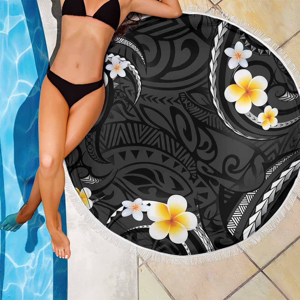 Black And Gray Beach Blanket Curves Polynesian Tattoo Mix Plumeria Flowers LT14 - Polynesian Pride