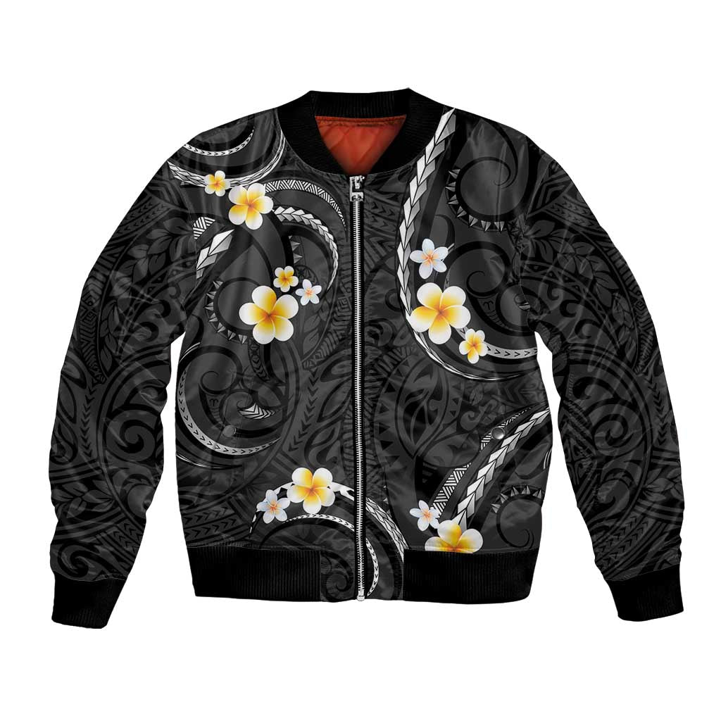 Black And Gray Bomber Jacket Curves Polynesian Tattoo Mix Plumeria Flowers