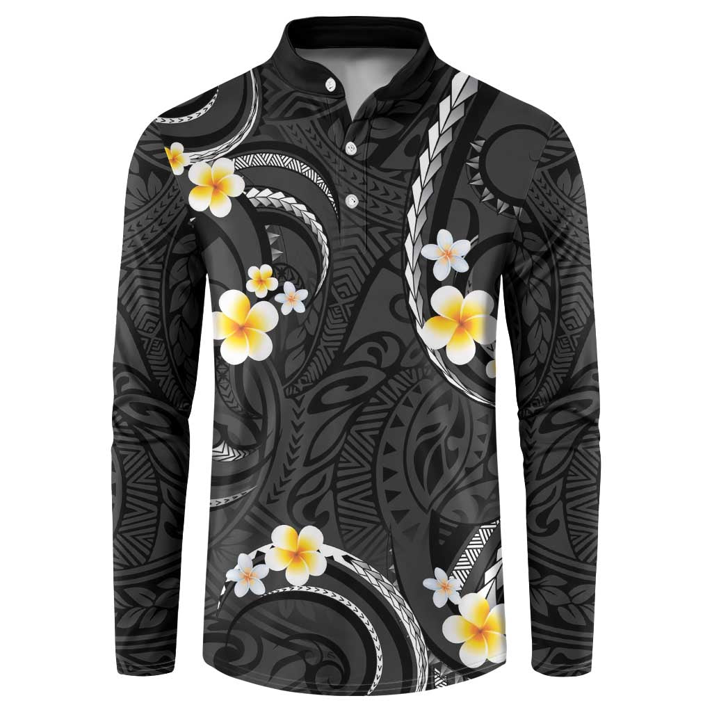 Black And Gray Button Sweatshirt Curves Polynesian Tattoo Mix Plumeria Flowers LT14 Gray - Polynesian Pride