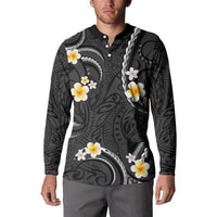 Black And Gray Button Sweatshirt Curves Polynesian Tattoo Mix Plumeria Flowers LT14 - Polynesian Pride