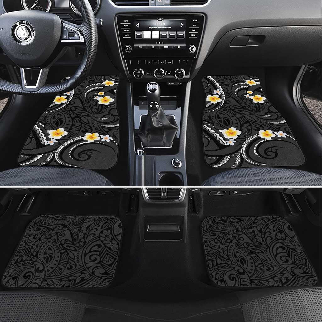 Black And Gray Car Mats Curves Polynesian Tattoo Mix Plumeria Flowers LT14 Set 4pcs Gray - Polynesian Pride