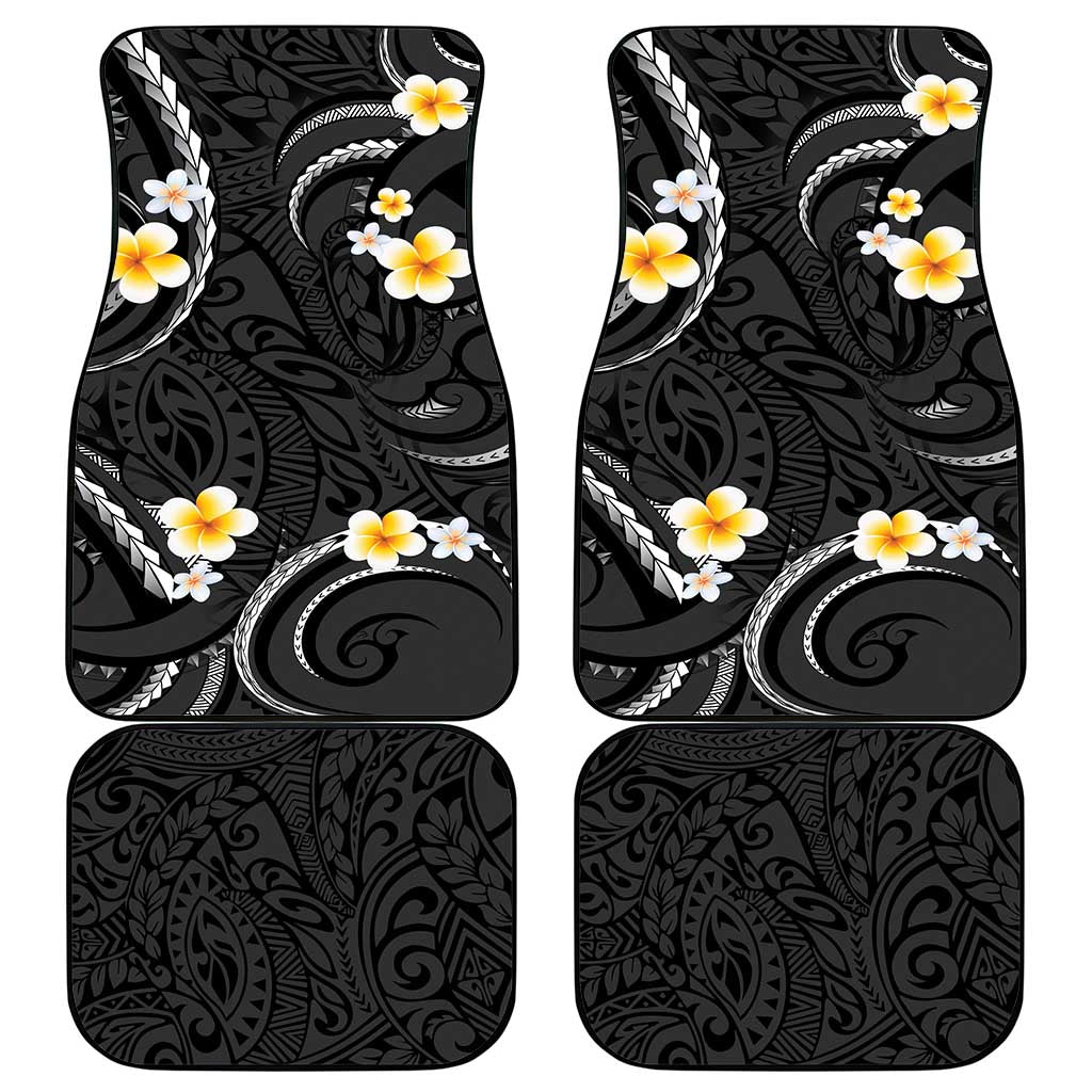 Black And Gray Car Mats Curves Polynesian Tattoo Mix Plumeria Flowers LT14 - Polynesian Pride