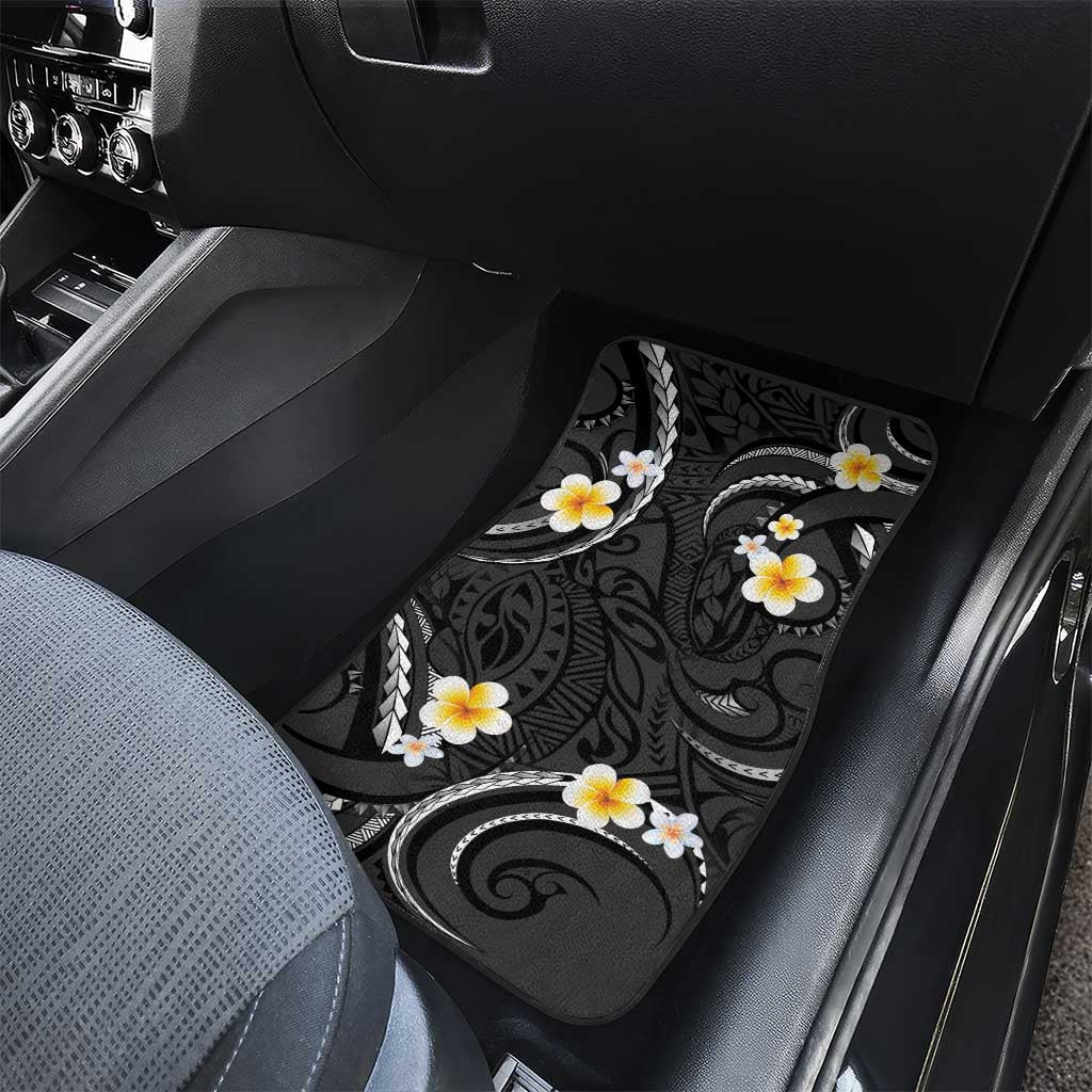 Black And Gray Car Mats Curves Polynesian Tattoo Mix Plumeria Flowers LT14 - Polynesian Pride