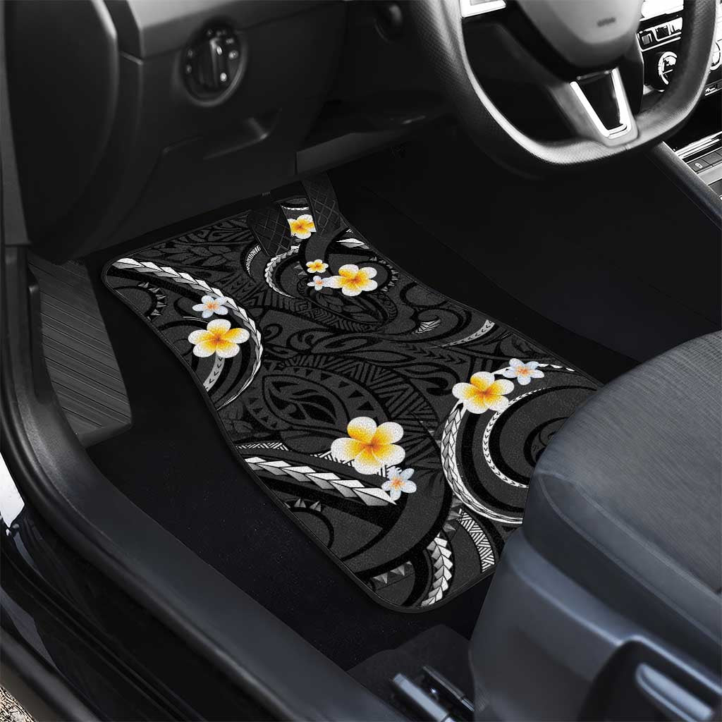 Black And Gray Car Mats Curves Polynesian Tattoo Mix Plumeria Flowers LT14 - Polynesian Pride