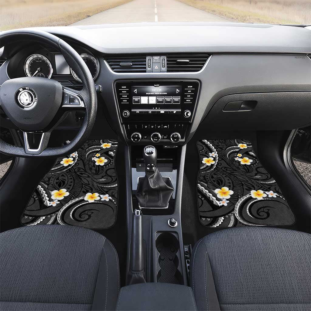 Black And Gray Car Mats Curves Polynesian Tattoo Mix Plumeria Flowers LT14 Set 2pcs - Front Gray - Polynesian Pride