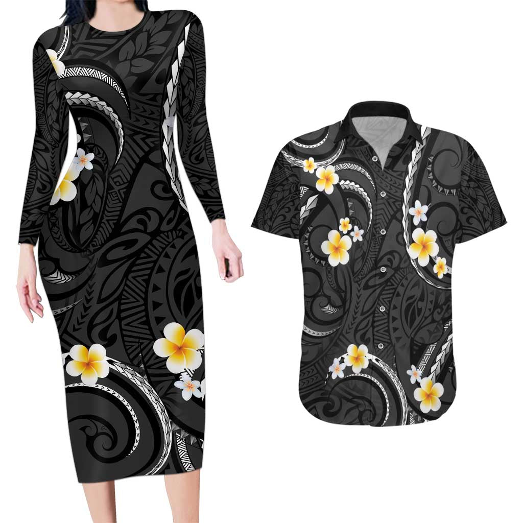 Black And Gray Couples Matching Long Sleeve Bodycon Dress and Hawaiian Shirt Curves Polynesian Tattoo Mix Plumeria Flowers