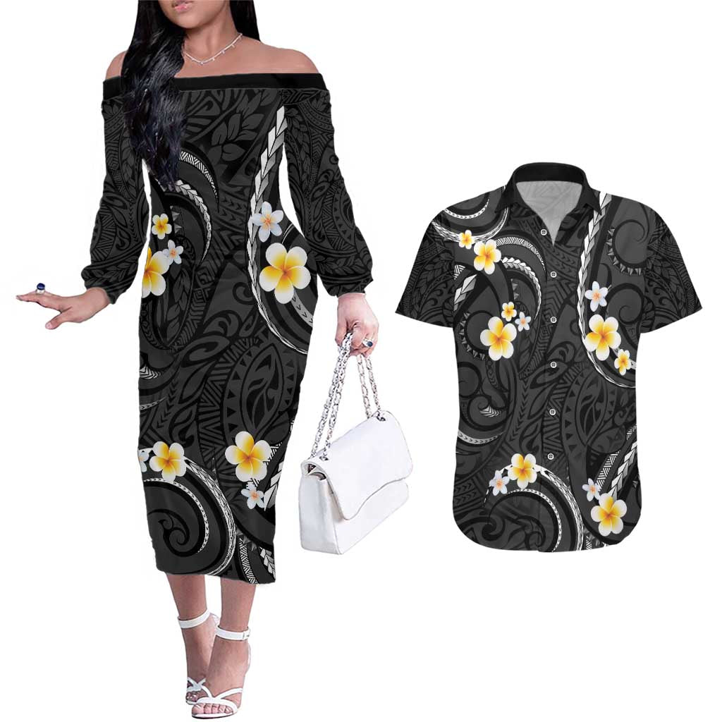 Black And Gray Couples Matching Off The Shoulder Long Sleeve Dress and Hawaiian Shirt Curves Polynesian Tattoo Mix Plumeria Flowers LT14 Gray - Polynesian Pride