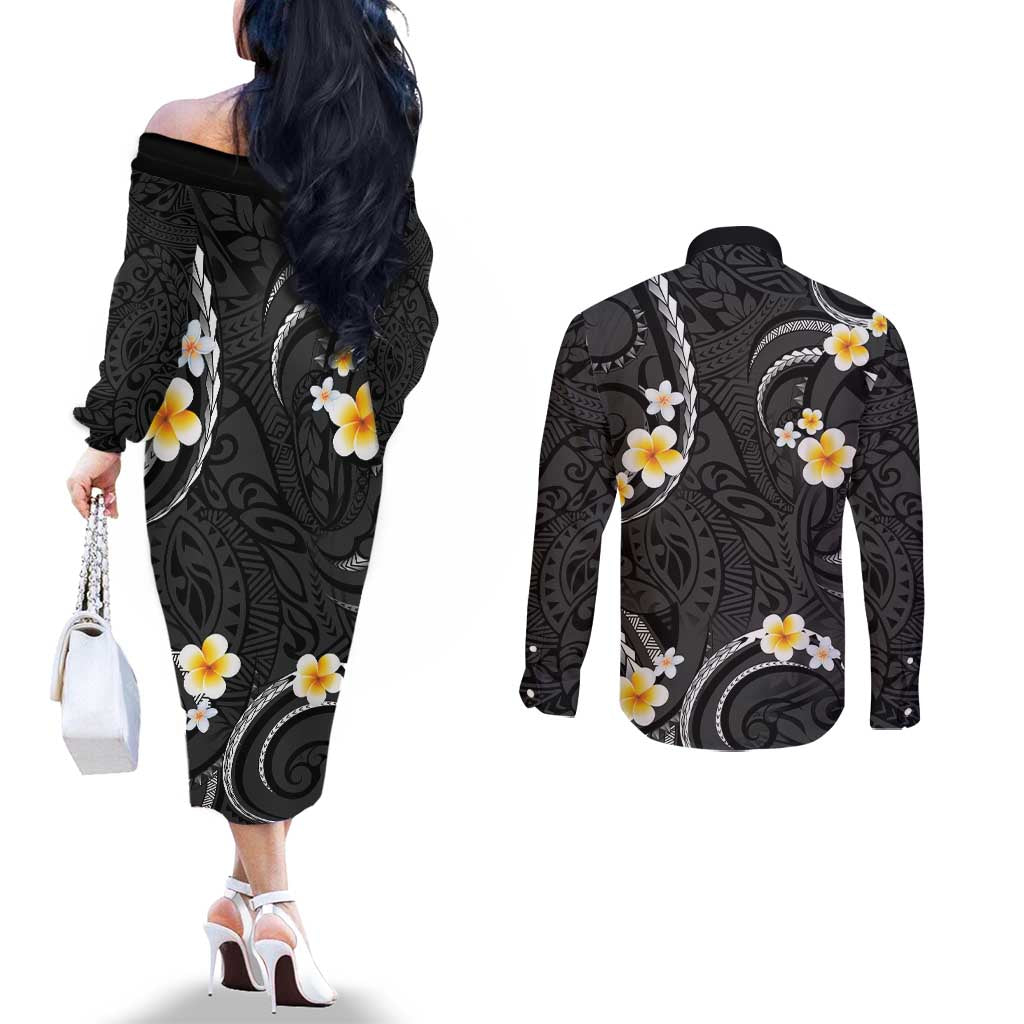 Black And Gray Couples Matching Off The Shoulder Long Sleeve Dress and Long Sleeve Button Shirt Curves Polynesian Tattoo Mix Plumeria Flowers