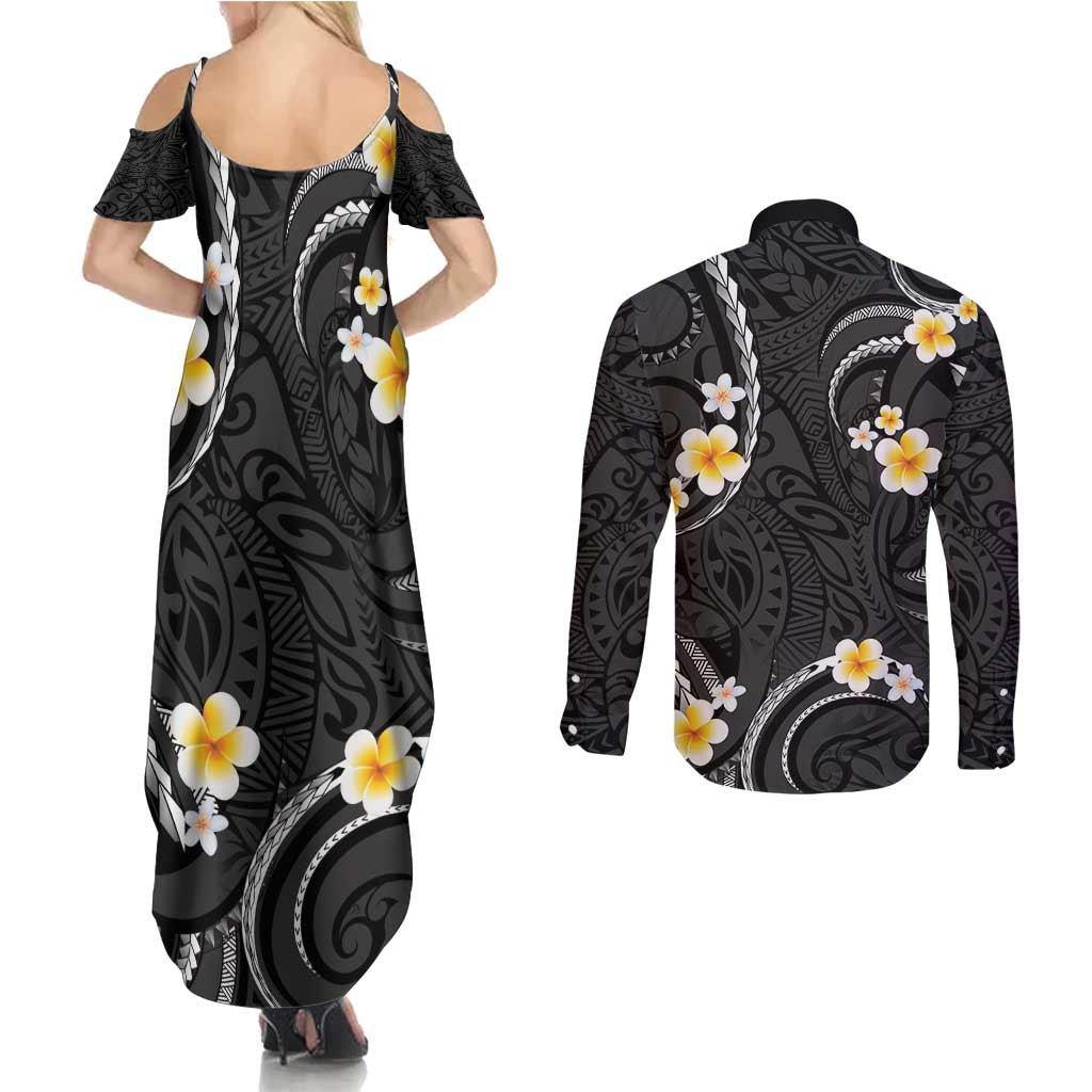 Black And Gray Couples Matching Summer Maxi Dress and Long Sleeve Button Shirt Curves Polynesian Tattoo Mix Plumeria Flowers LT14 - Polynesian Pride