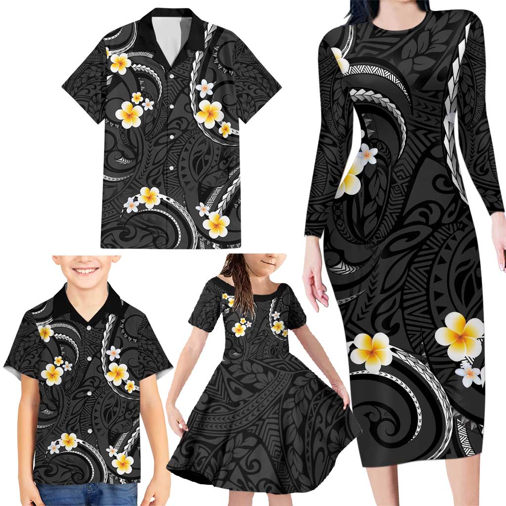 Black And Gray Family Matching Long Sleeve Bodycon Dress and Hawaiian Shirt Curves Polynesian Tattoo Mix Plumeria Flowers