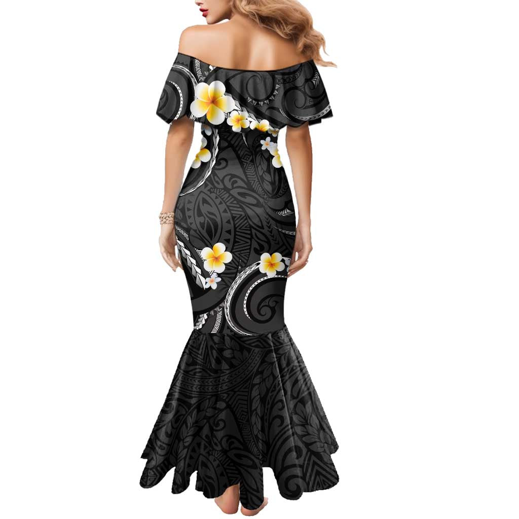 Black And Gray Family Matching Mermaid Dress and Hawaiian Shirt Curves Polynesian Tattoo Mix Plumeria Flowers