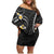 Black And Gray Family Matching Off Shoulder Short Dress and Hawaiian Shirt Curves Polynesian Tattoo Mix Plumeria Flowers