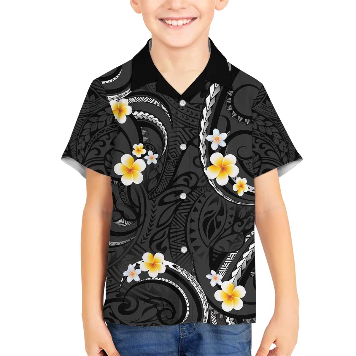 Black And Gray Family Matching Puletasi and Hawaiian Shirt Curves Polynesian Tattoo Mix Plumeria Flowers LT14 Son's Shirt Gray - Polynesian Pride