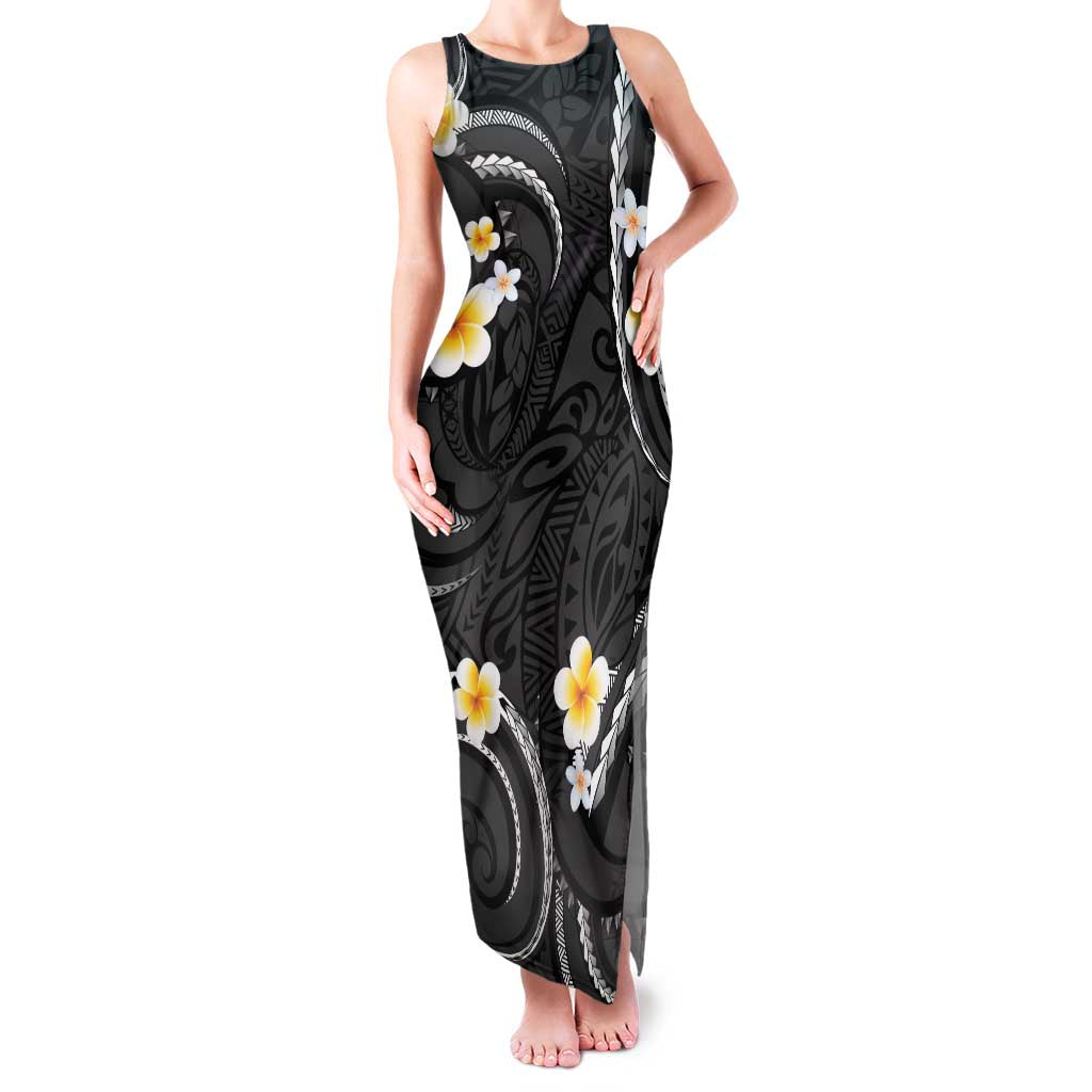 Black And Gray Family Matching Tank Maxi Dress and Hawaiian Shirt Curves Polynesian Tattoo Mix Plumeria Flowers