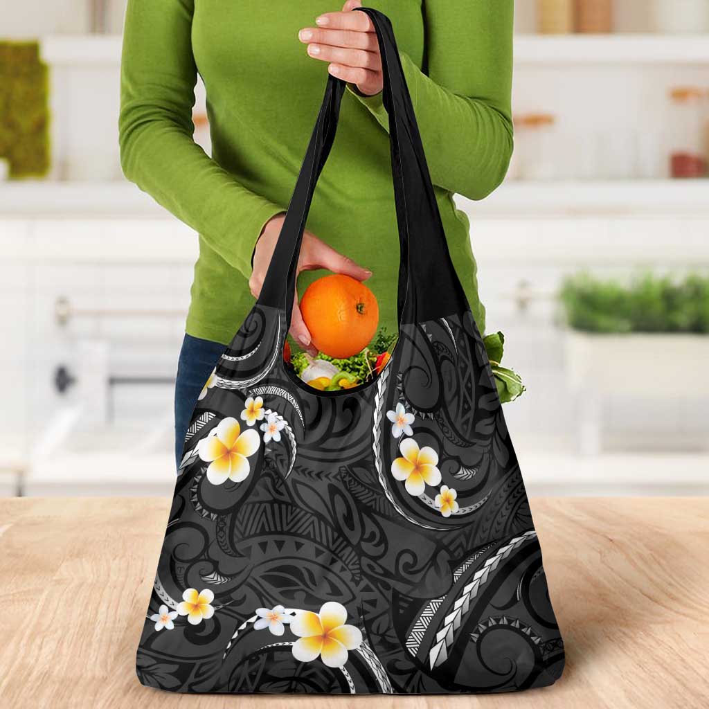 Black And Gray Grocery Bag Curves Polynesian Tattoo Mix Plumeria Flowers LT14 - Polynesian Pride