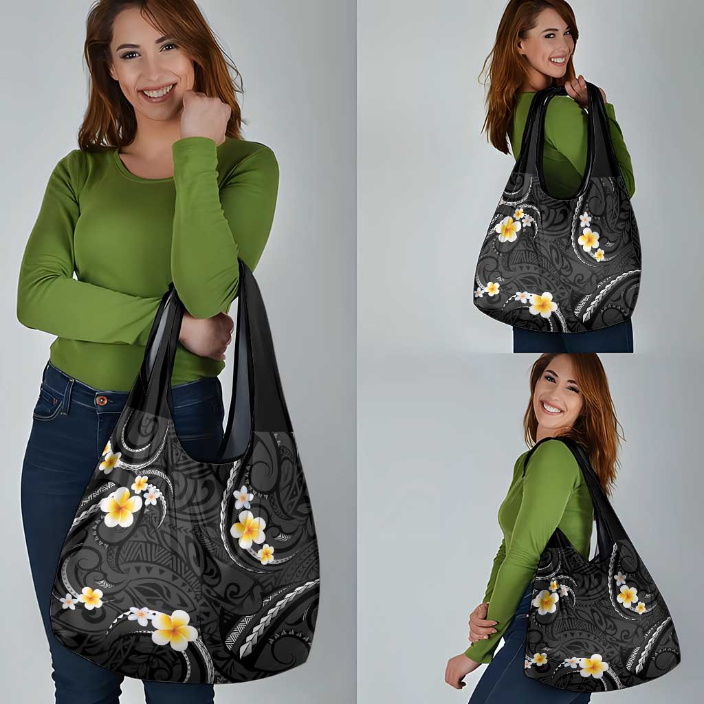 Black And Gray Grocery Bag Curves Polynesian Tattoo Mix Plumeria Flowers LT14 - Polynesian Pride