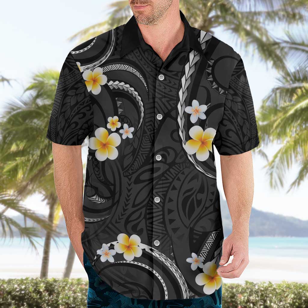 Black And Gray Hawaiian Shirt Curves Polynesian Tattoo Mix Plumeria Flowers LT14 - Polynesian Pride