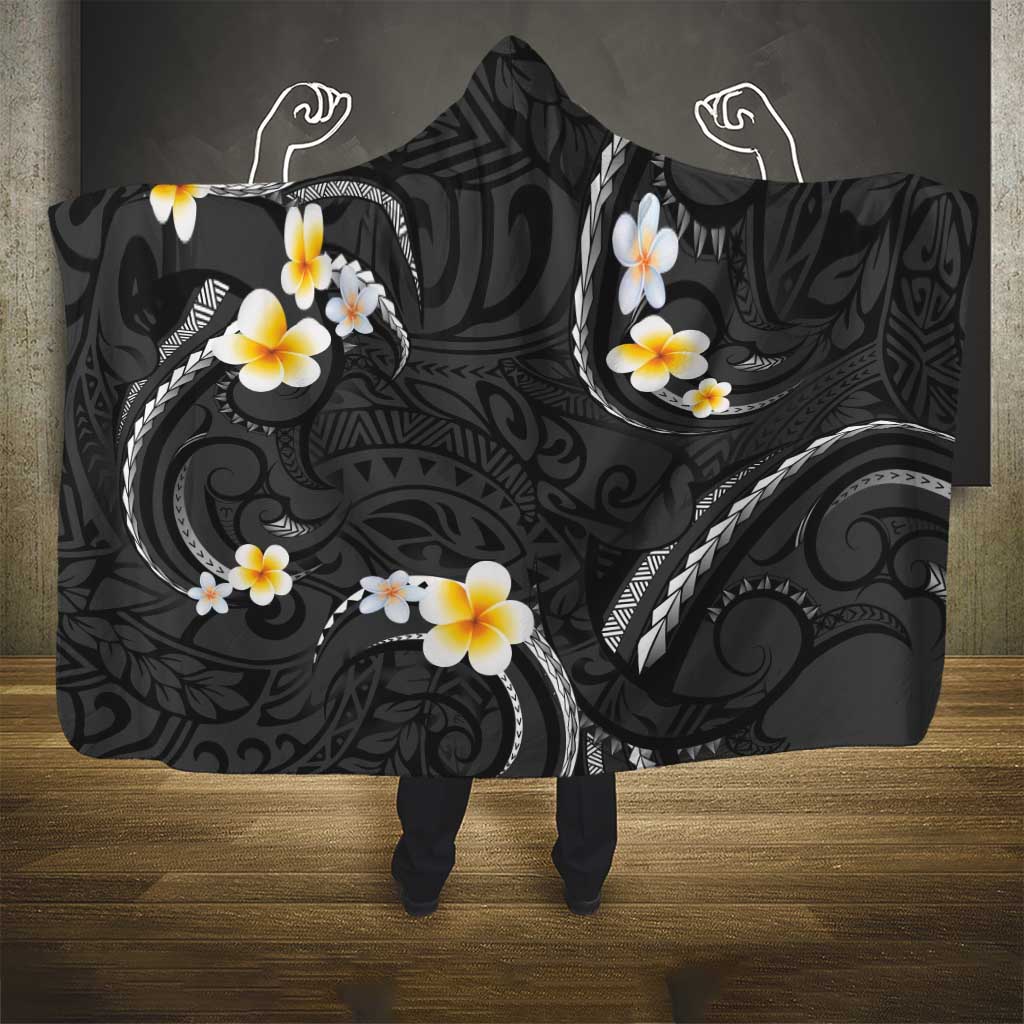 Black And Gray Hooded Blanket Curves Polynesian Tattoo Mix Plumeria Flowers LT14 - Polynesian Pride