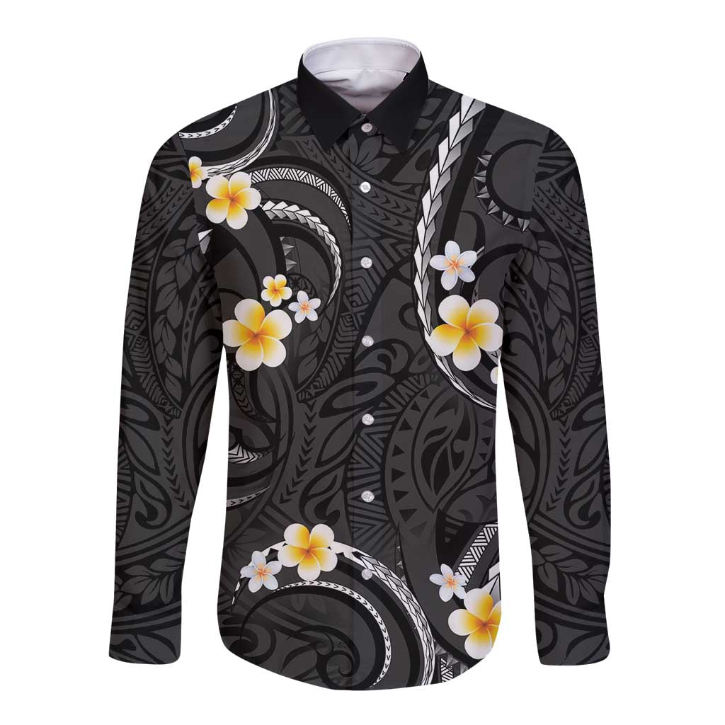 Black And Gray Long Sleeve Button Shirt Curves Polynesian Tattoo Mix Plumeria Flowers