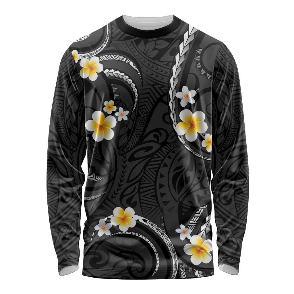 Black And Gray Long Sleeve Shirt Curves Polynesian Tattoo Mix Plumeria Flowers