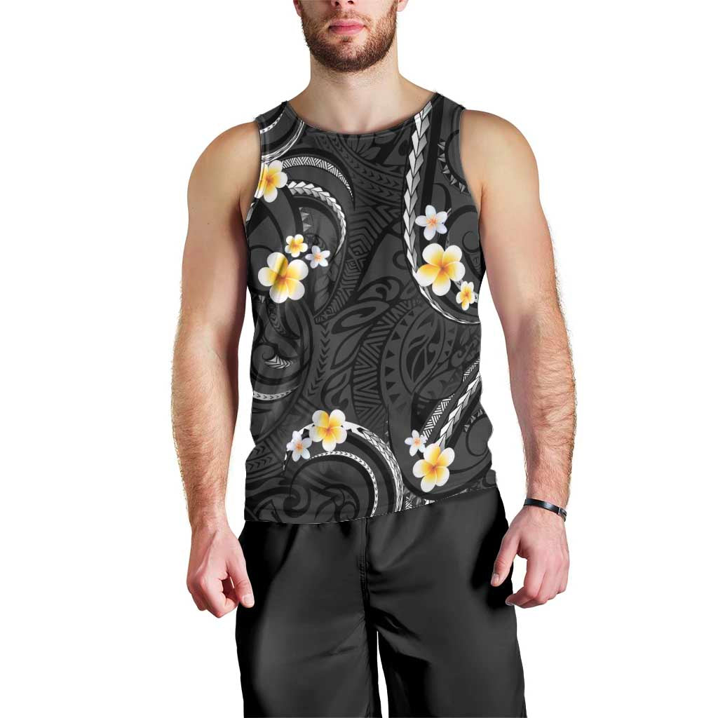 Black And Gray Men Tank Top Curves Polynesian Tattoo Mix Plumeria Flowers LT14 - Polynesian Pride